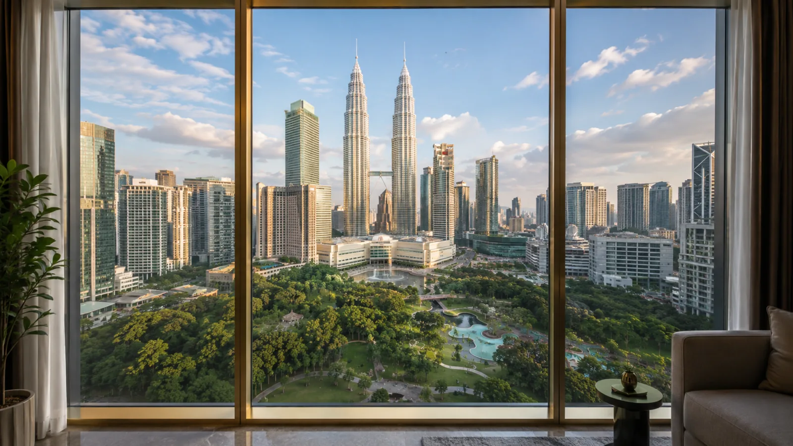 從 Oxley KLCC 單位窗戶望出去的雙子塔與 KLCC Park 50 英畝公園實景